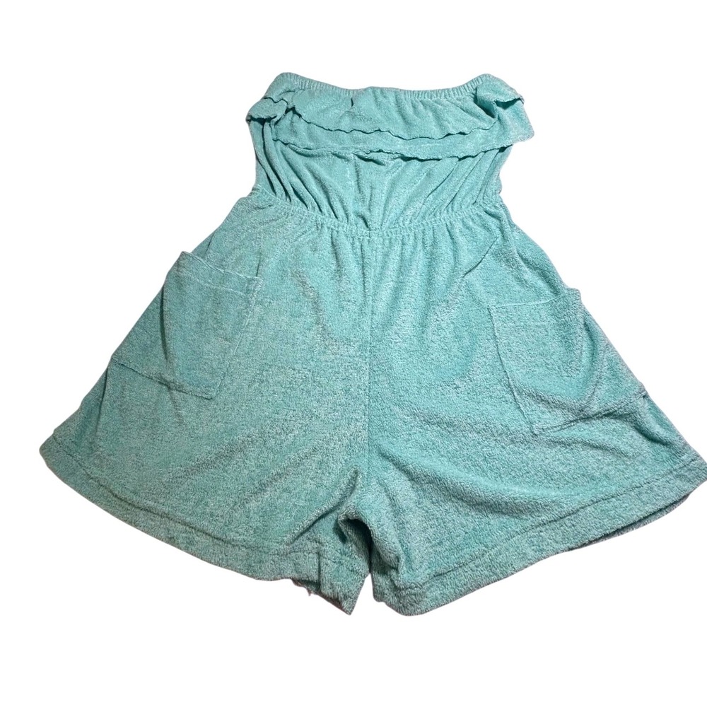 Vibrage Womens Teal Seagreen Terry Cloth Strapless Ruffle Romper with Pockets-